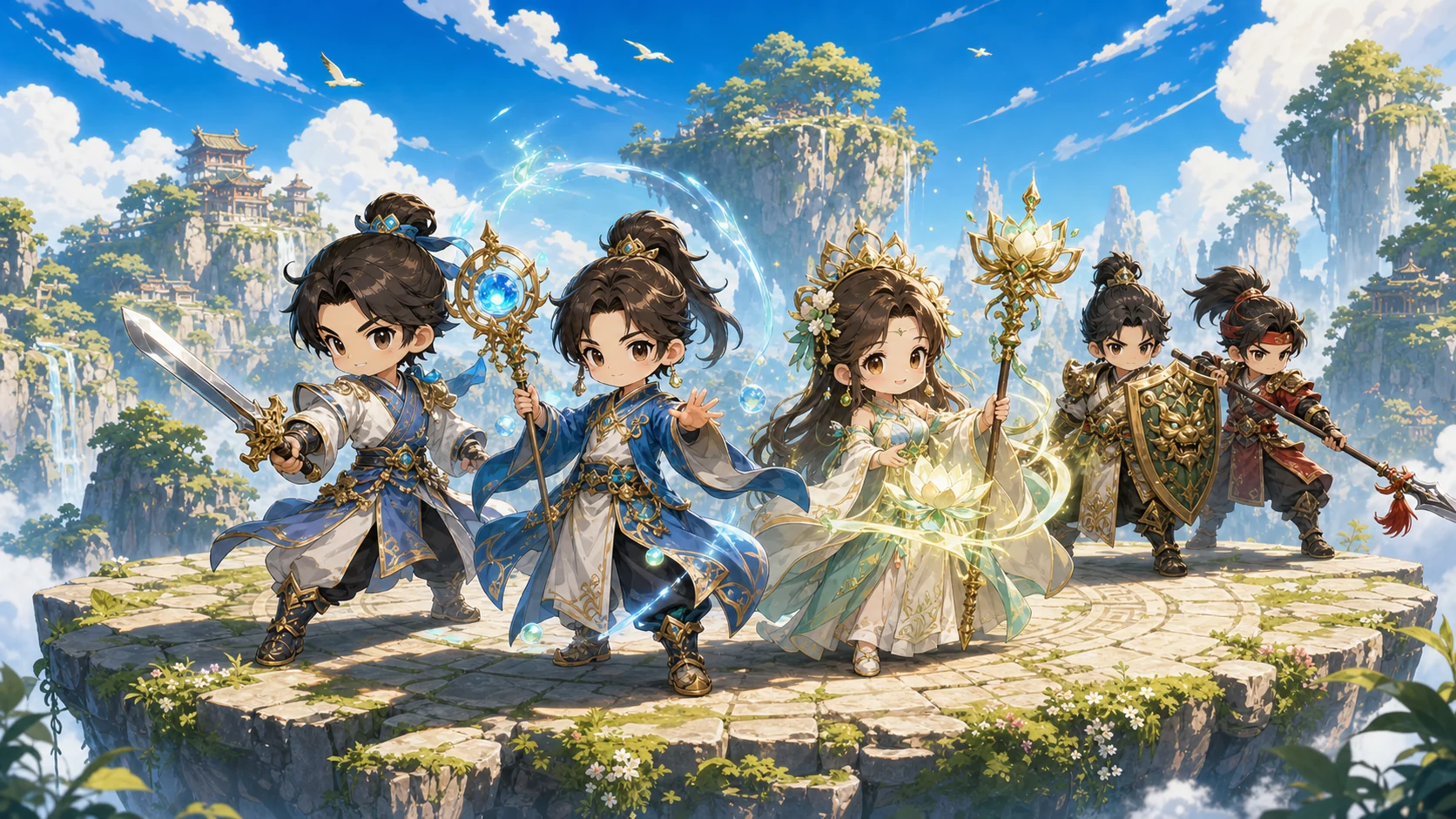 剑士、法师、牧师、盾战士、枪士五职业宣传图，剑士法师牧师为 Demo 职业